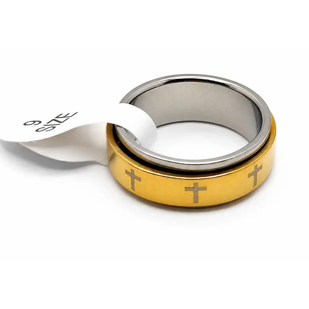 Christian Cross Spinner Ring Size 9 Gold Silver Tone NWT